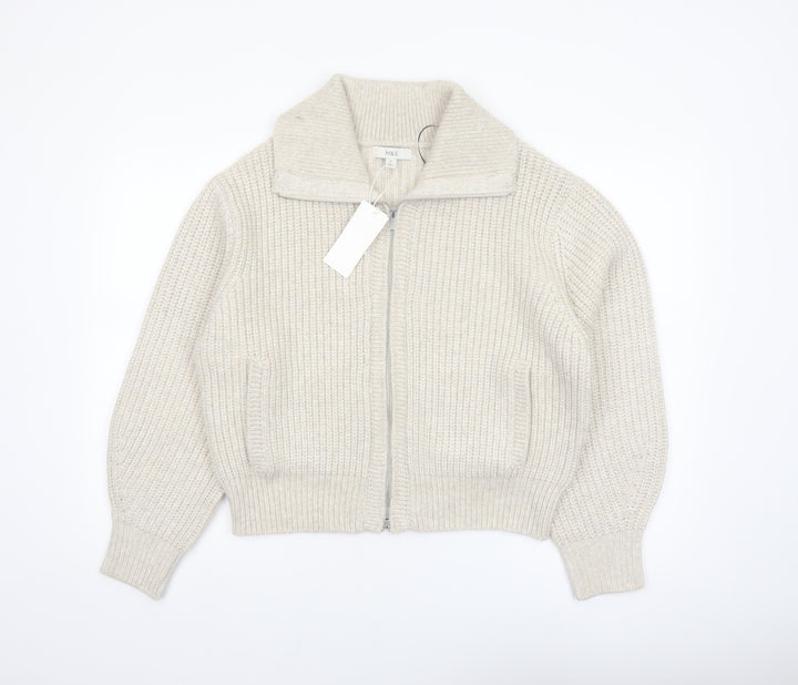 Marks and Spencer Women Beige Collared Full Zip Knit Jumper M