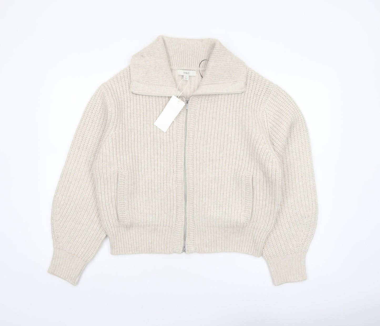 Marks and Spencer Women Beige Collared Full Zip Knit Jumper M