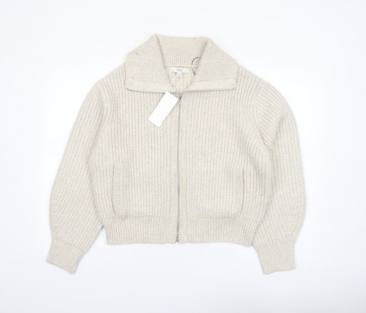 Marks and Spencer Women Beige Collared Full Zip Knit Jumper M