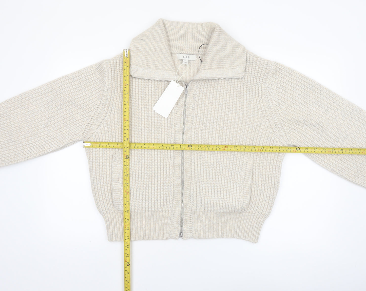 Marks and Spencer Women Beige Collared Full Zip Knit Jumper M
