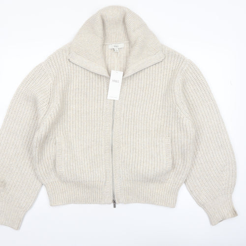 Marks and Spencer Women Beige Chunky Knit Full Zip High Neck Jumper M