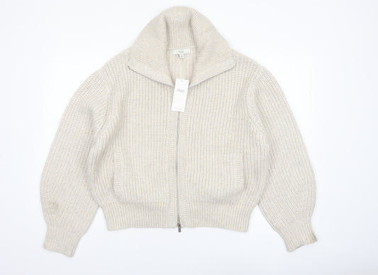 Marks and Spencer Women Beige Chunky Knit Full Zip High Neck Jumper M