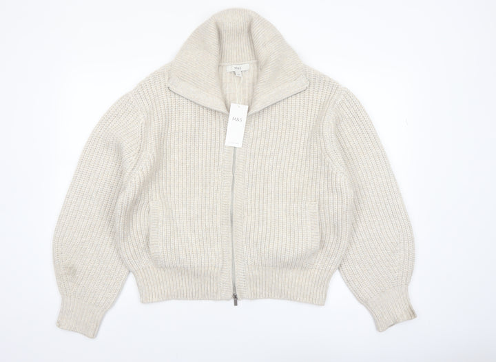 Marks and Spencer Women Beige Chunky Knit Full Zip High Neck Jumper M