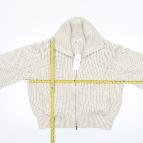 Marks and Spencer Women Beige Chunky Knit Full Zip High Neck Jumper M