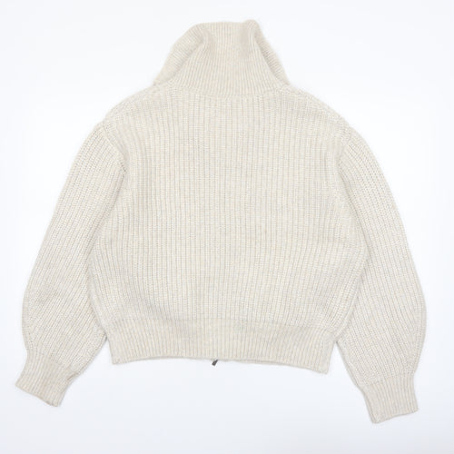 Marks and Spencer Women Beige Chunky Knit Full Zip High Neck Jumper M