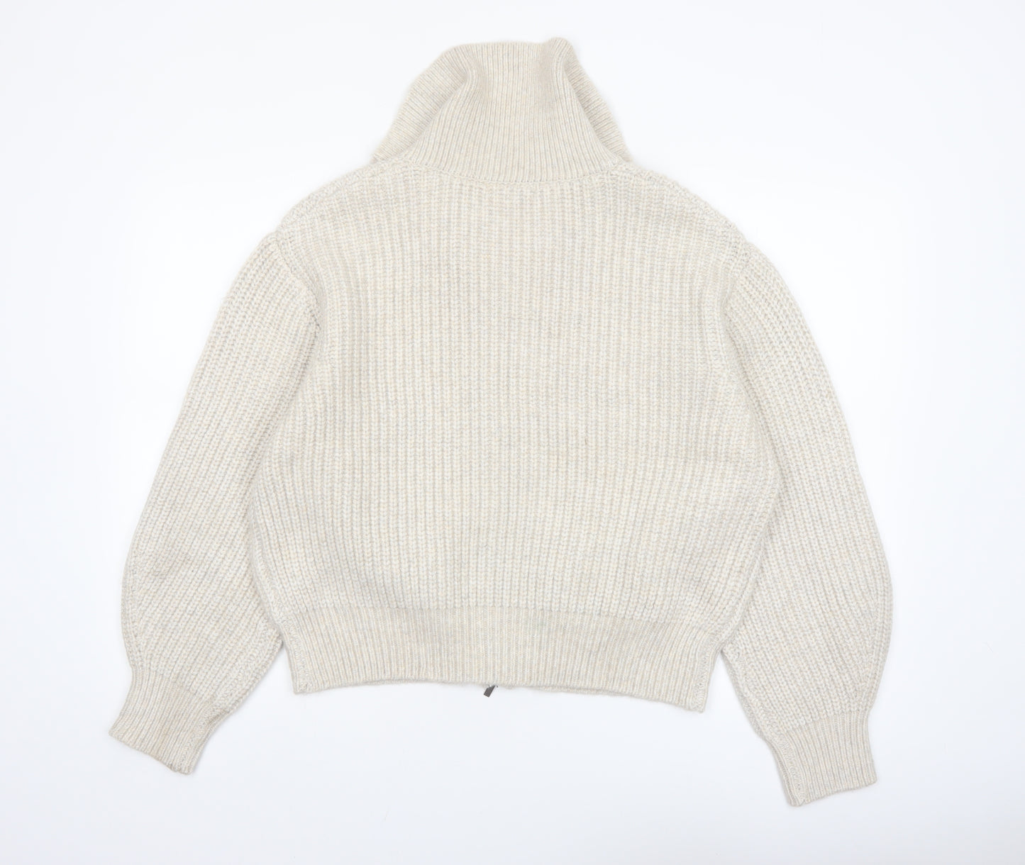 Marks and Spencer Women Beige Chunky Knit Full Zip High Neck Jumper M