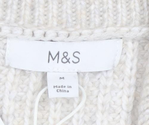 Marks and Spencer Women Beige Chunky Knit Full Zip High Neck Jumper M