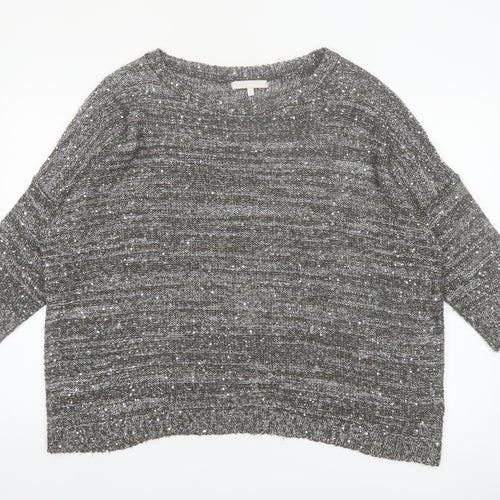 Next Women Grey Sequin Knit 3/4 Sleeve Crew Neck Pullover Jumper L