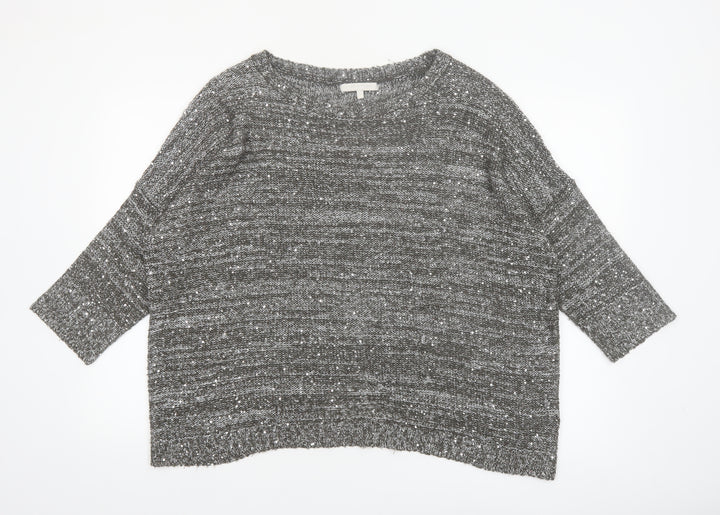 Next Women Grey Sequin Knit 3/4 Sleeve Crew Neck Pullover Jumper L