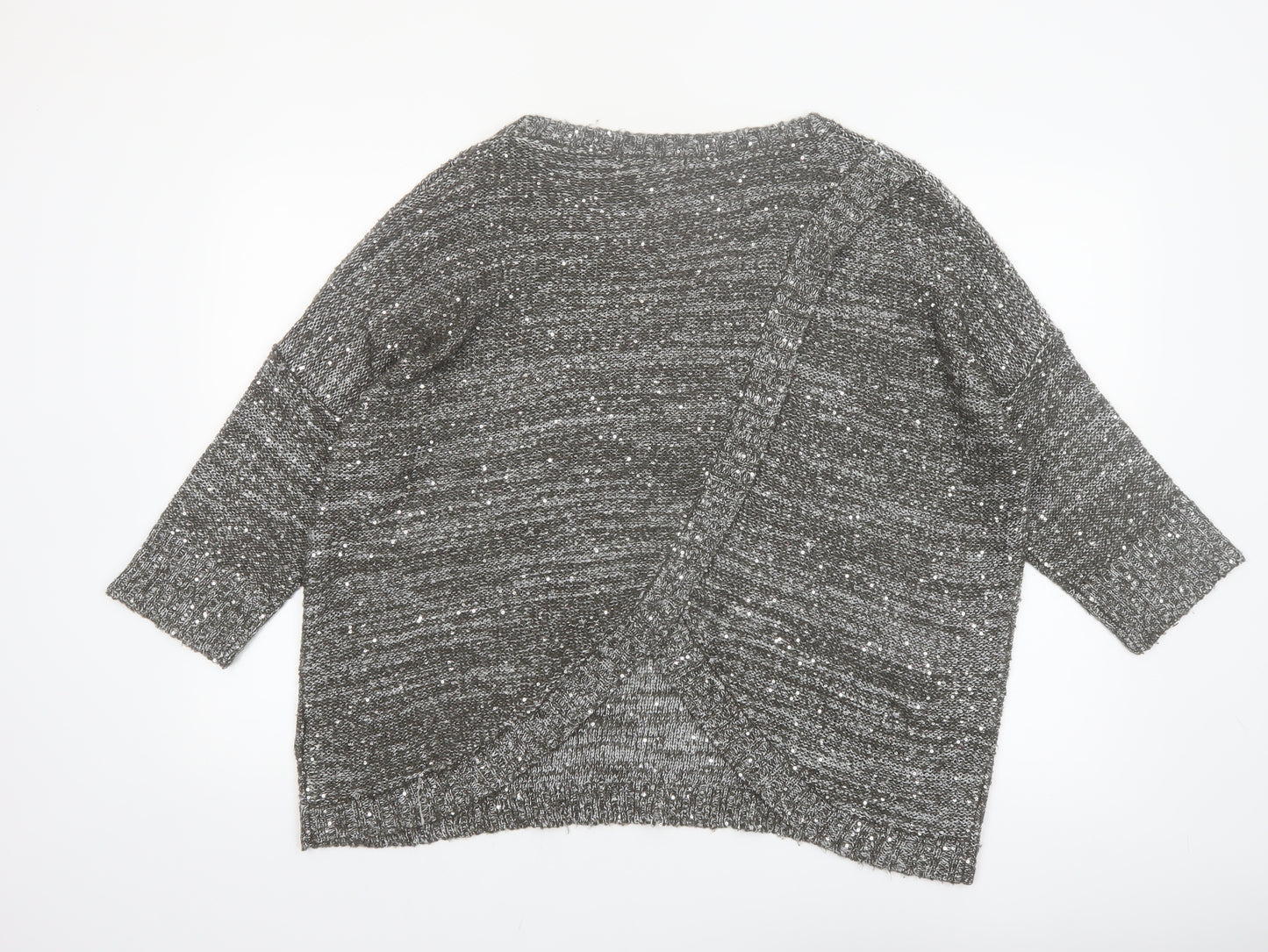 Next Women Grey Sequin Knit 3/4 Sleeve Crew Neck Pullover Jumper L