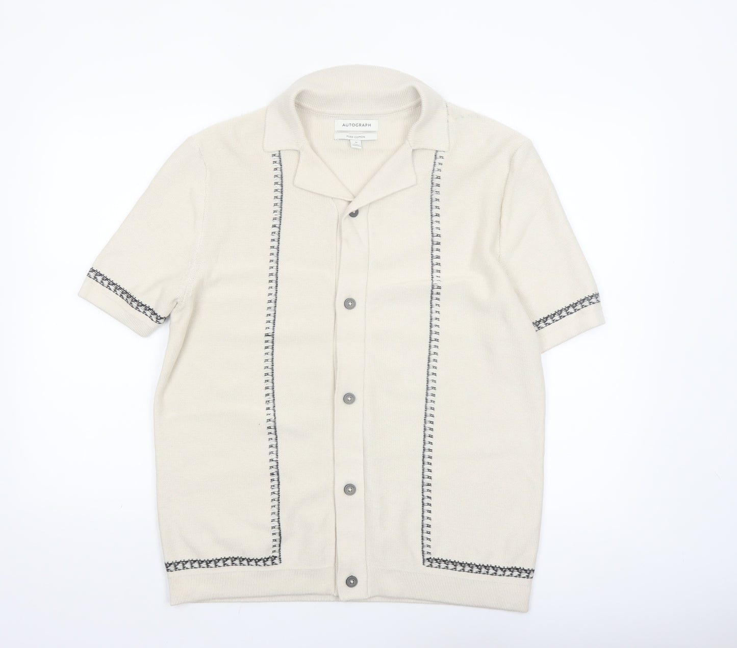 Marks and Spencer Autograph Men's Beige Cotton Collared Short Sleeve Cardigan M