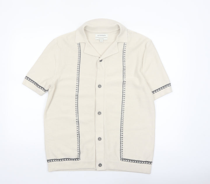 Marks and Spencer Autograph Men's Beige Cotton Collared Short Sleeve Cardigan M
