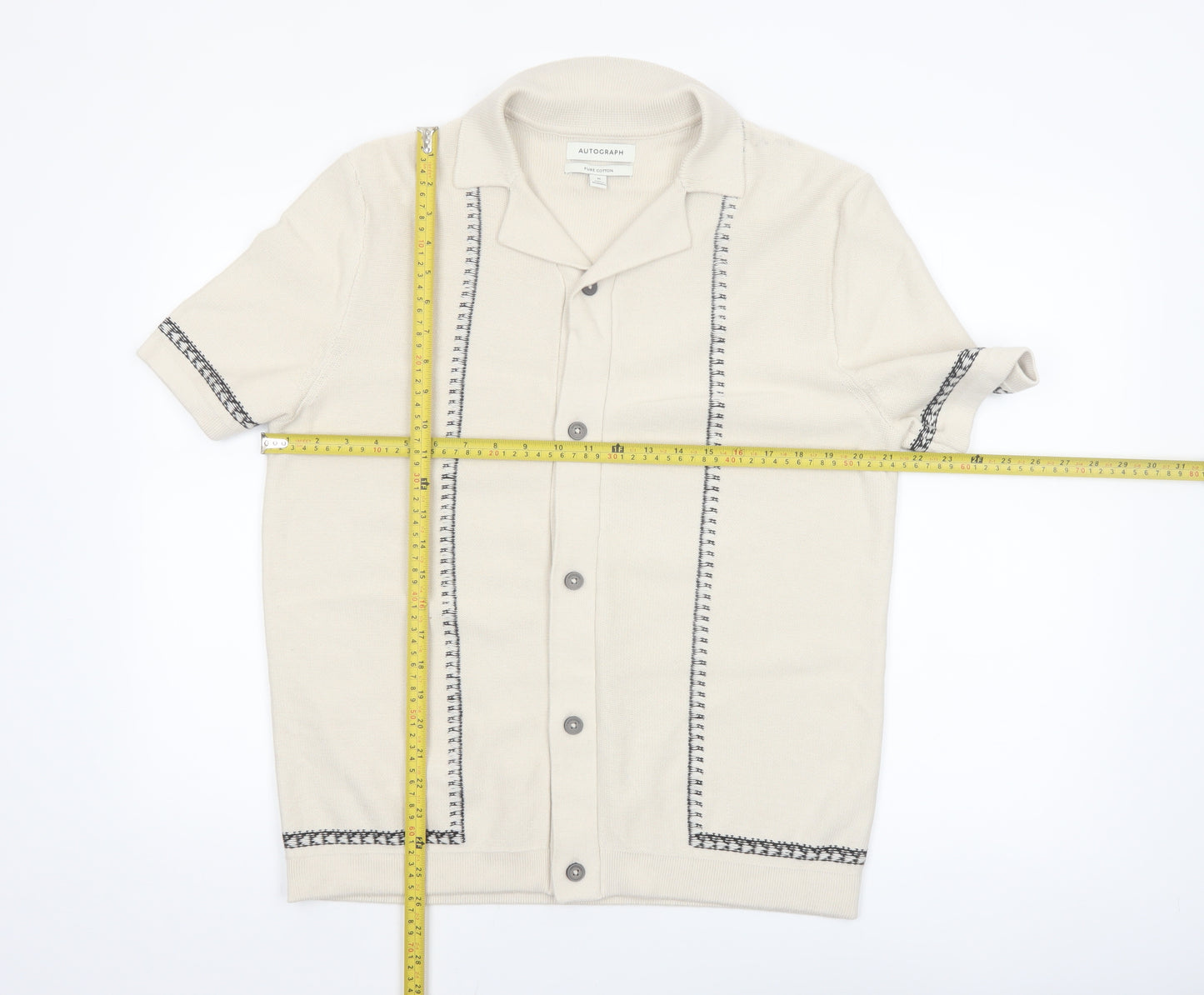 Marks and Spencer Autograph Men's Beige Cotton Collared Short Sleeve Cardigan M