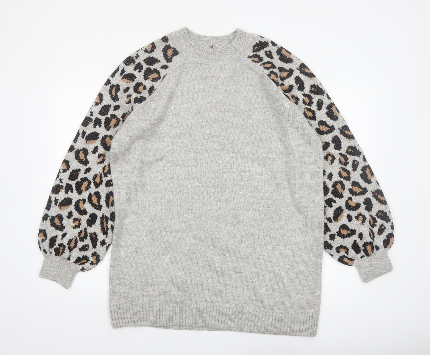 Tu Women Grey Leopard Balloon Sleeve Knit Jumper Size 16