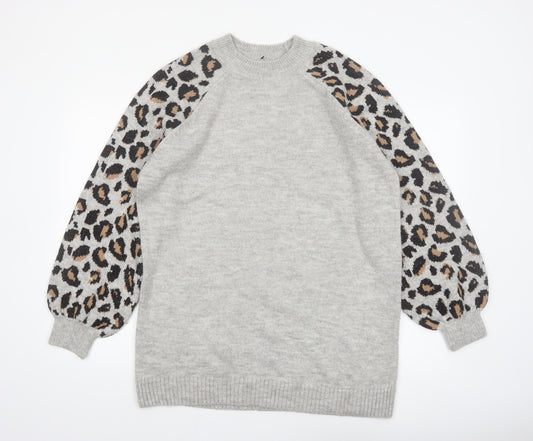 Tu Women Grey Leopard Balloon Sleeve Knit Jumper Size 16