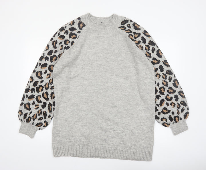 Tu Women Grey Leopard Balloon Sleeve Knit Jumper Size 16