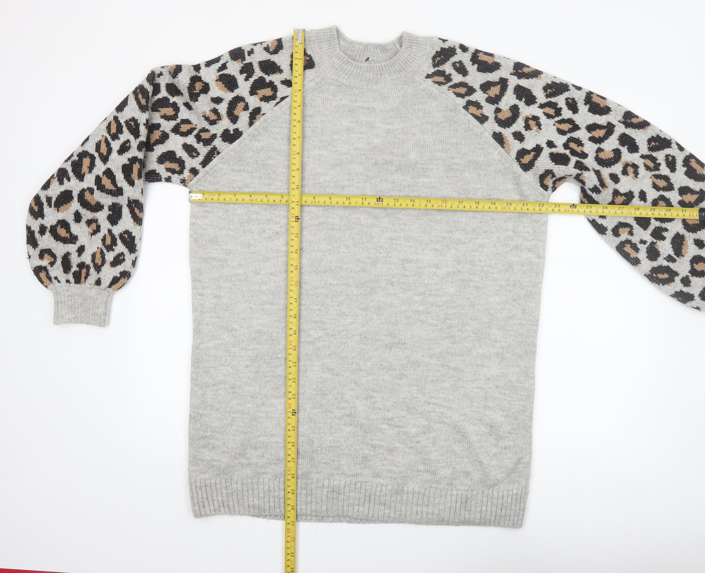 Tu Women Grey Leopard Balloon Sleeve Knit Jumper Size 16