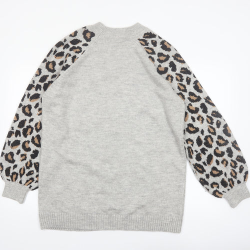 Tu Women Grey Leopard Balloon Sleeve Knit Jumper Size 16