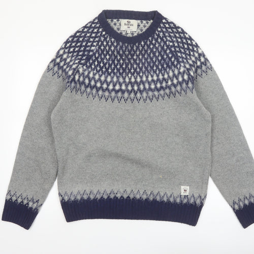 Bellfield Men's Grey Fair Isle Knit Crew Neck Jumper Size L