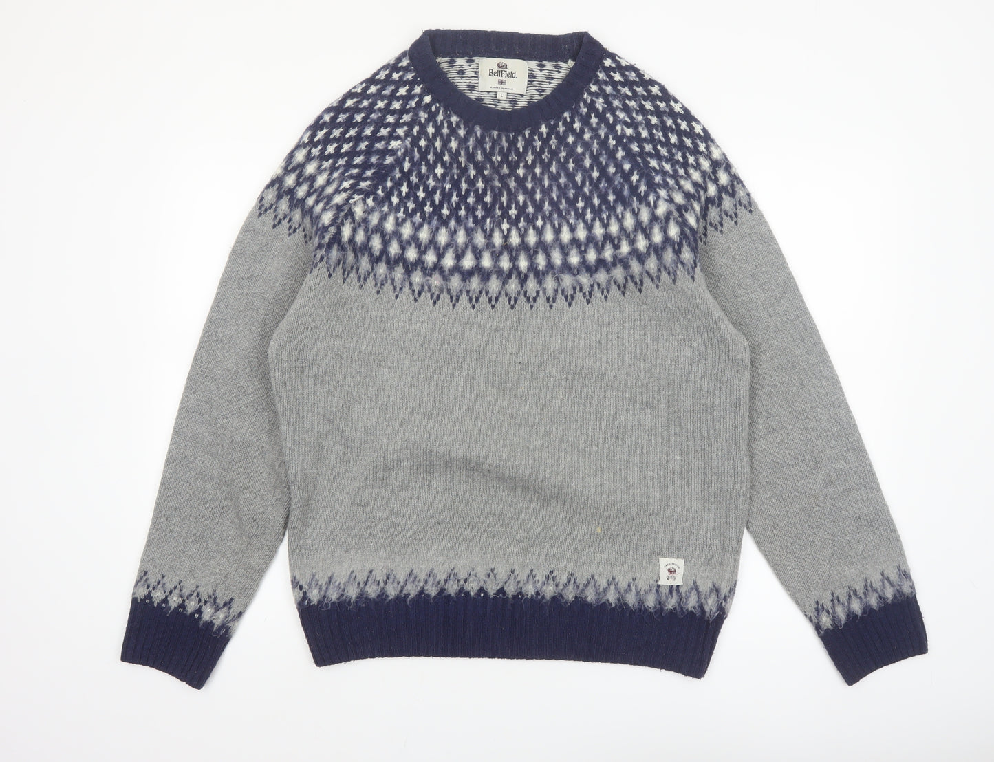 Bellfield Men's Grey Fair Isle Knit Crew Neck Jumper Size L
