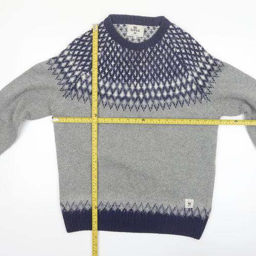 Bellfield Men's Grey Fair Isle Knit Crew Neck Jumper Size L