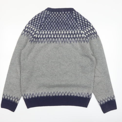 Bellfield Men's Grey Fair Isle Knit Crew Neck Jumper Size L