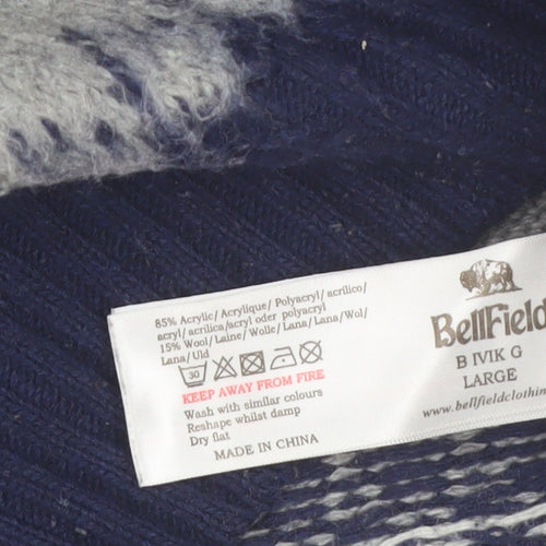 Bellfield Men's Grey Fair Isle Knit Crew Neck Jumper Size L