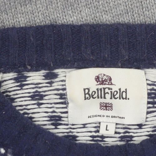 Bellfield Men's Grey Fair Isle Knit Crew Neck Jumper Size L
