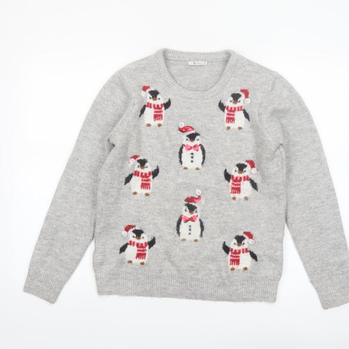 Tu Womens Grey Penguin Christmas Pullover Jumper Size 12