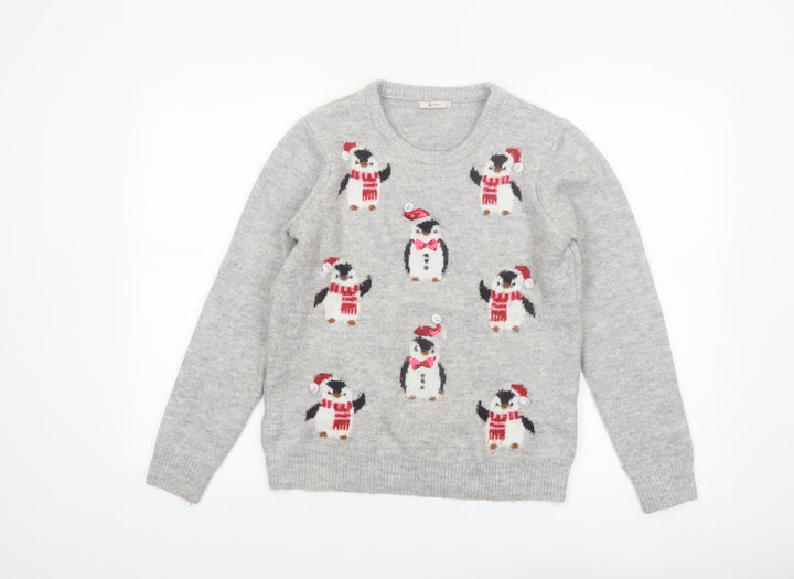 Tu Womens Grey Penguin Christmas Pullover Jumper Size 12
