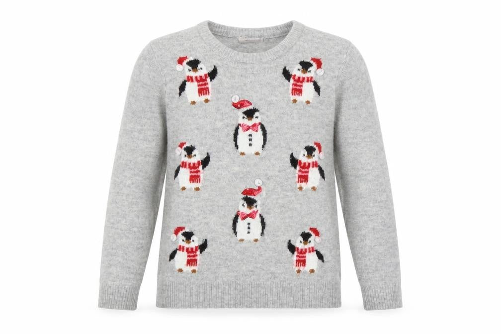 Front view of Tu women’s grey penguin christmas jumper, size UK 12