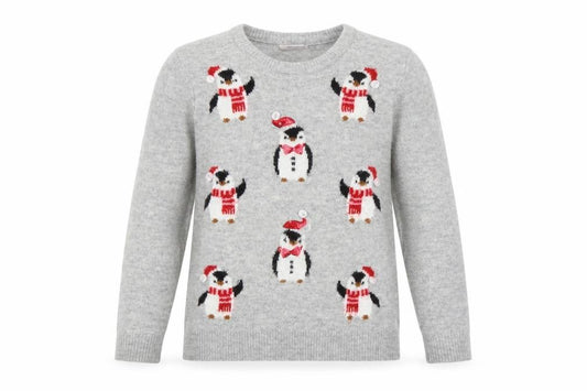 Front view of Tu women’s grey penguin christmas jumper, size UK 12