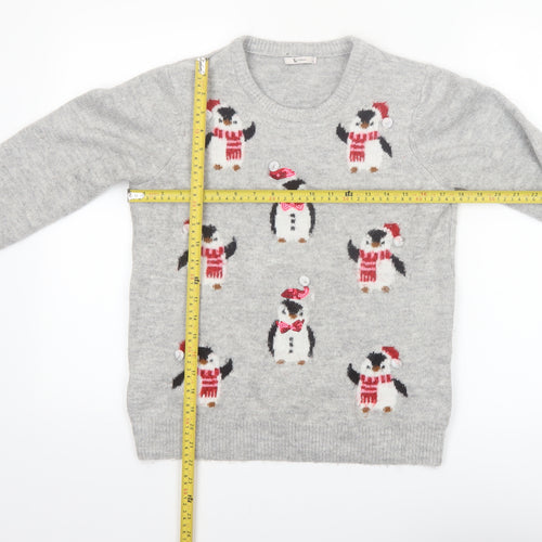 Tu Womens Grey Penguin Christmas Pullover Jumper Size 12