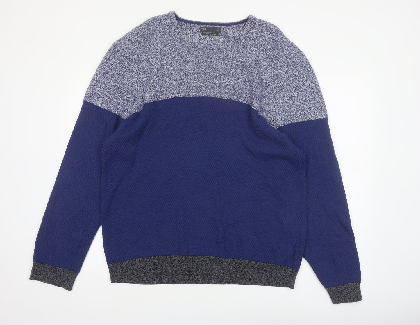 Marks and Spencer Men's Blue 2XL Cotton Blend Crew Neck Jumper
