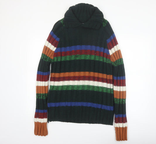 Desigual Men's Multicoloured Striped Roll Neck Chunky-Knit Jumper L