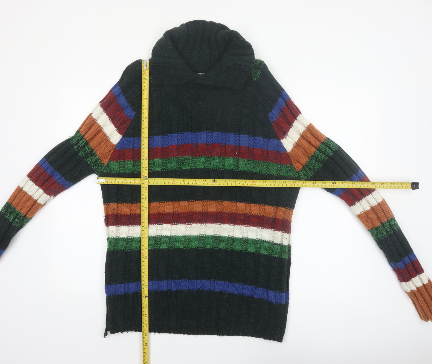 Desigual Men's Multicoloured Striped Roll Neck Chunky-Knit Jumper L