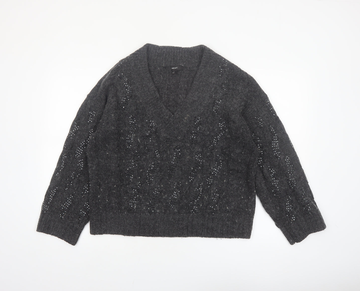 Next Womens Grey V-Neck Cable Knit Pullover Jumper Size L