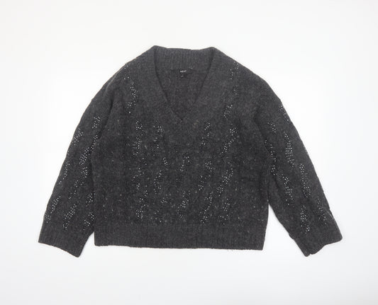 Next Womens Grey V-Neck Cable Knit Pullover Jumper Size L