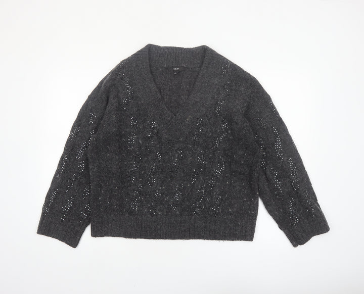 Next Womens Grey V-Neck Cable Knit Pullover Jumper Size L