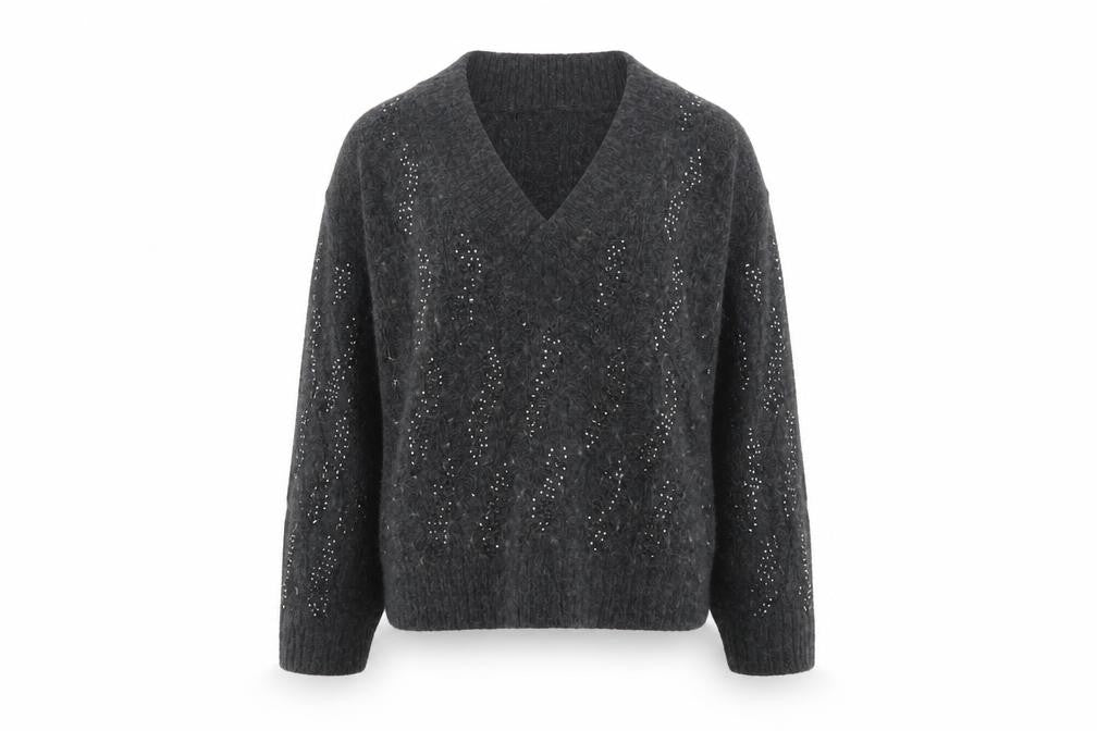 Front view of Next women’s grey v-neck cable knit jumper, size L