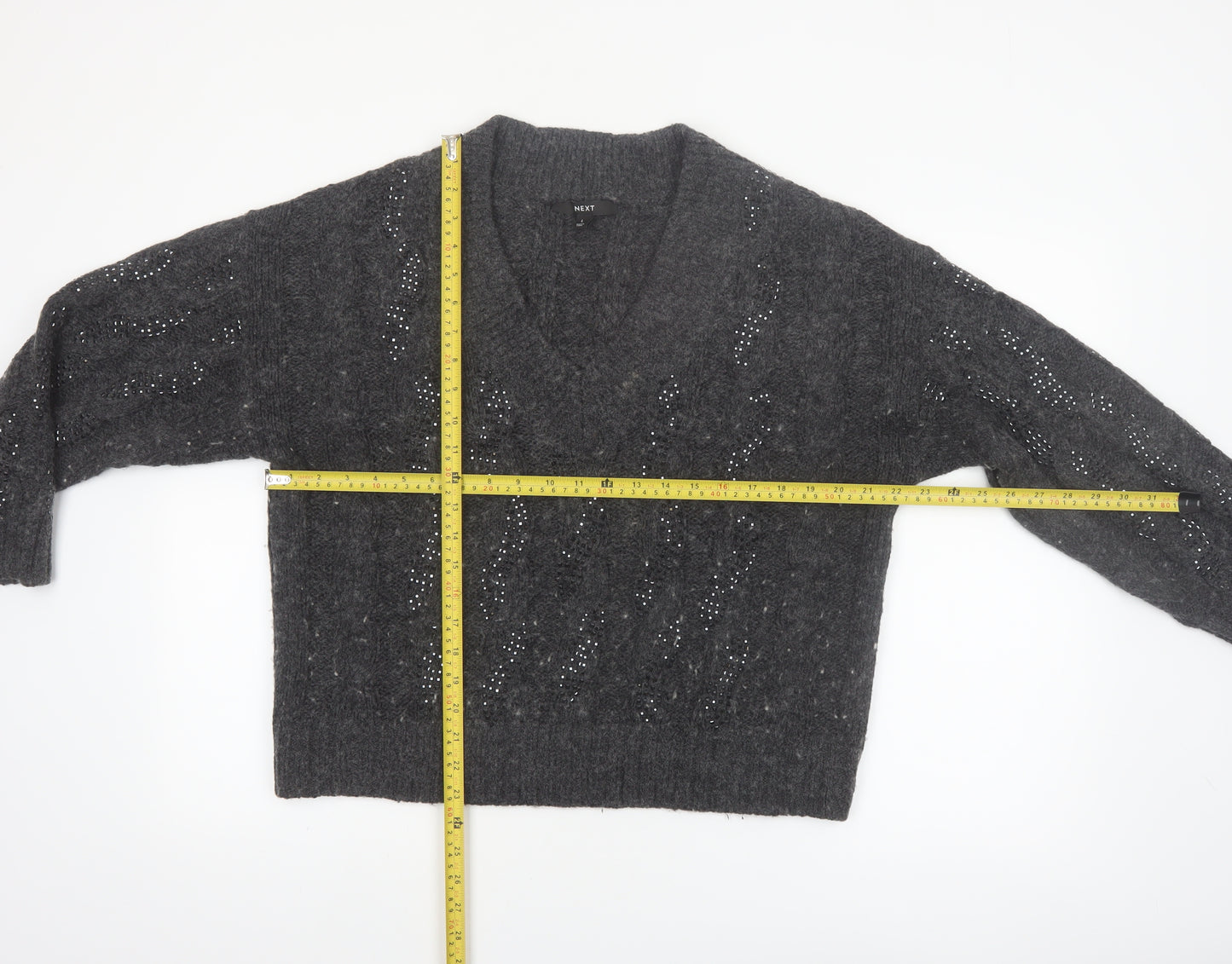 Next Womens Grey V-Neck Cable Knit Pullover Jumper Size L