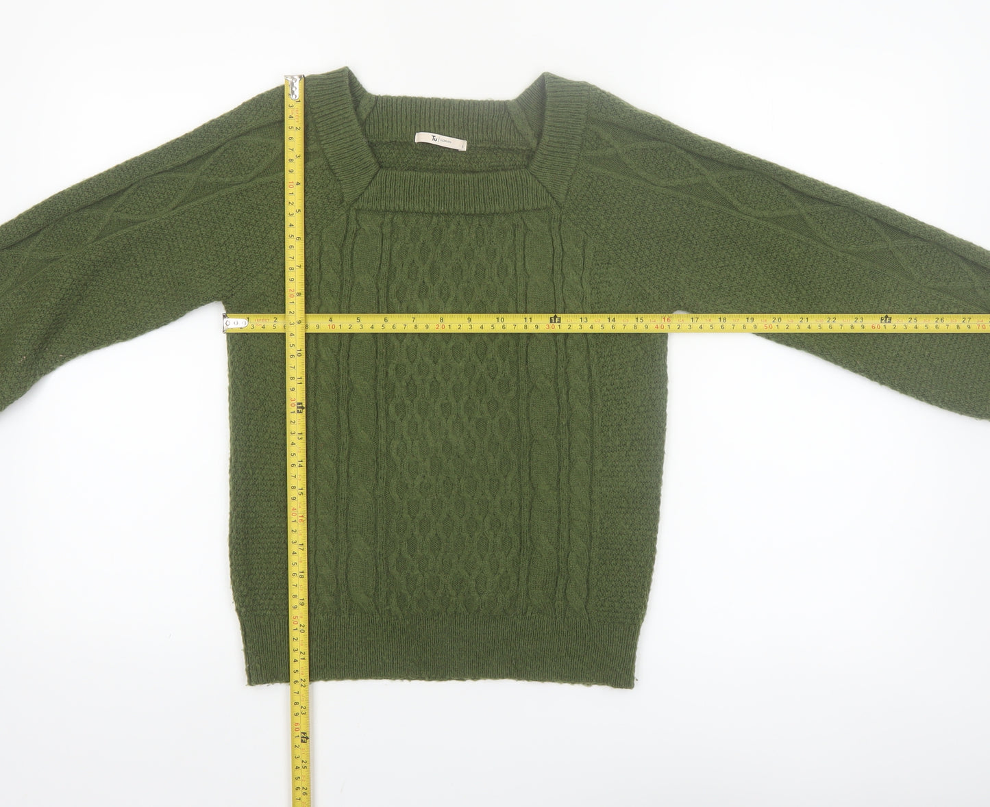 Tu Women Green Cable-Knit Pullover Jumper Size 8 Regular Fit