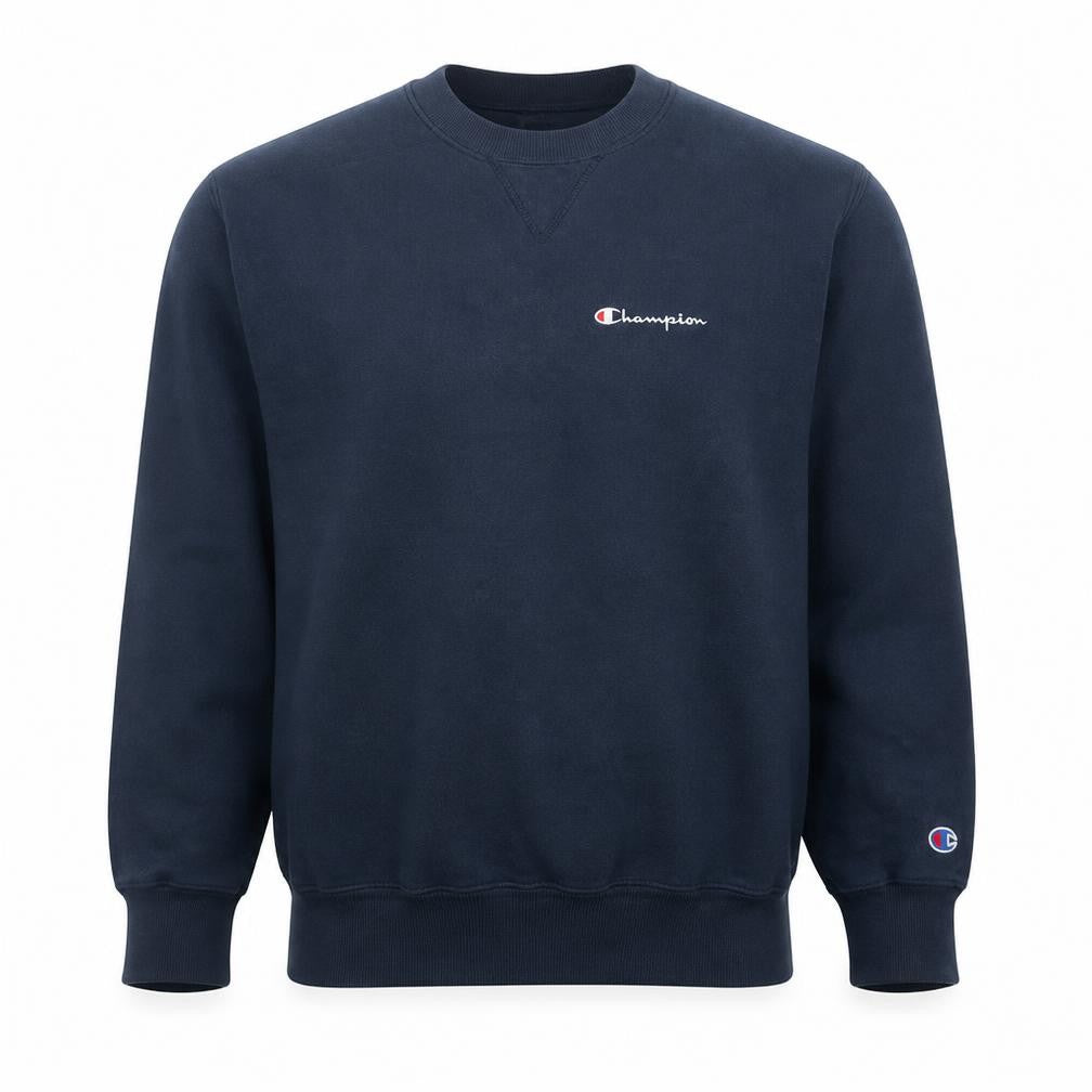 Front view of Champion Men's Blue Pullover Sweatshirt Large Crew Neck Fleece Vintage