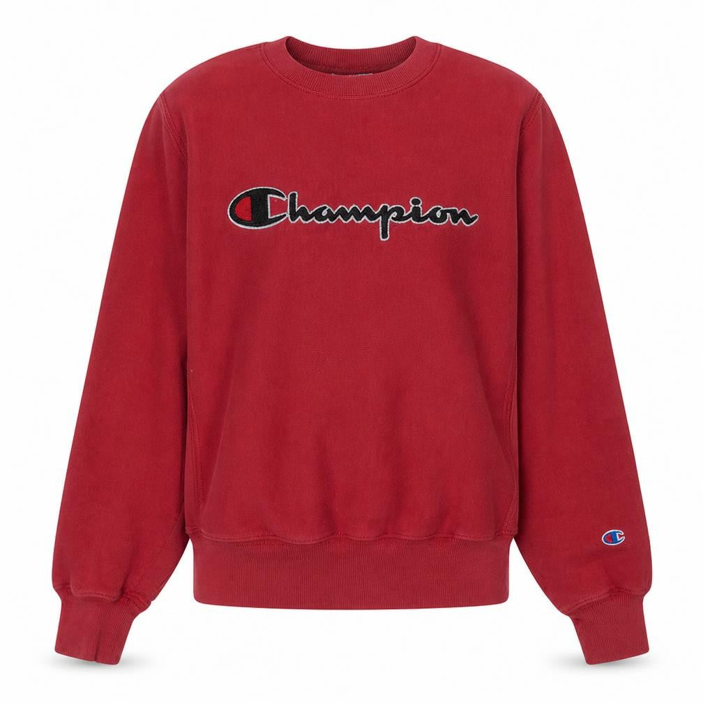 Front view of Champion women’s red small reverse weave logo pullover sweatshirt