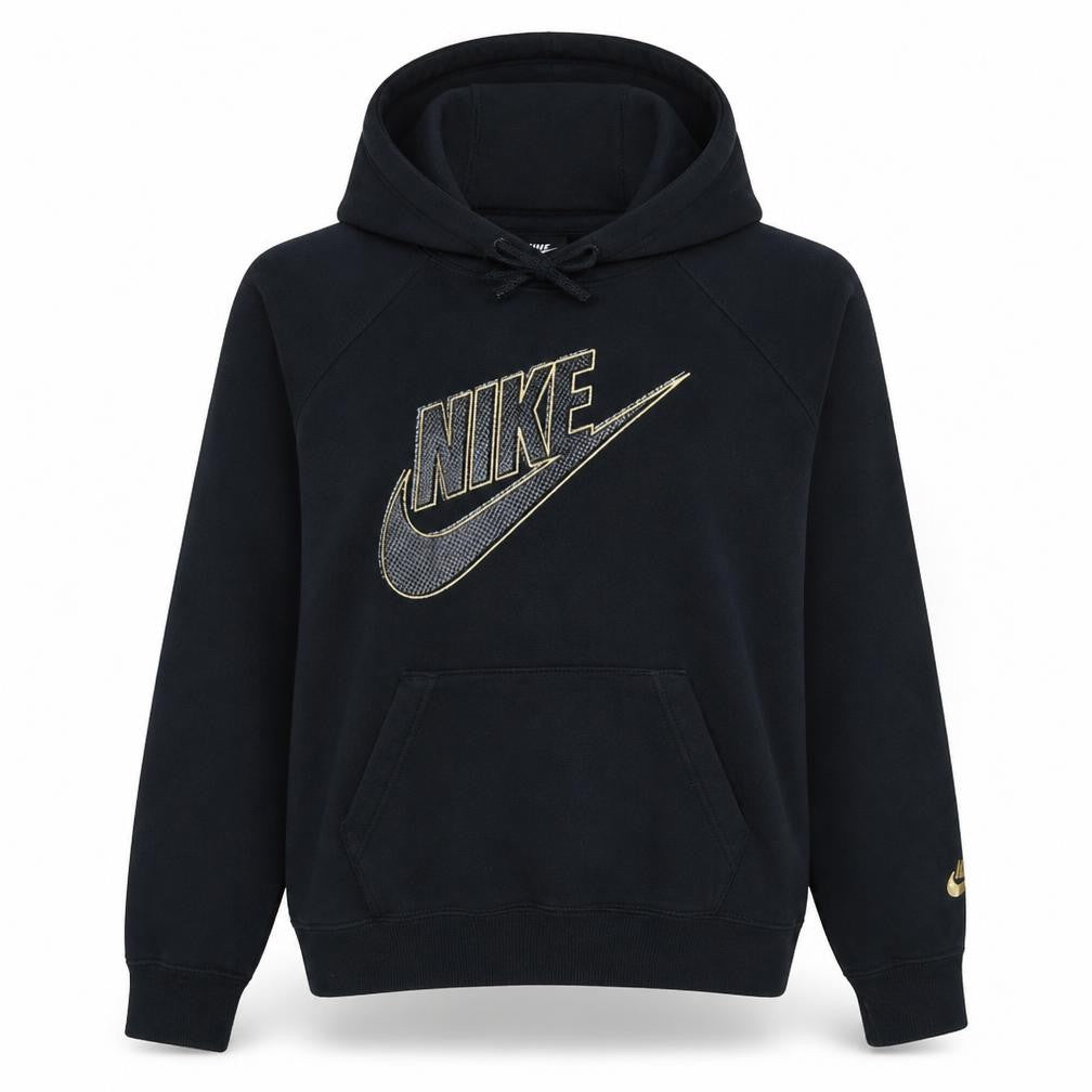 Front view of Nike Women's Black Medium Pullover Hoodie with Gold Logo
