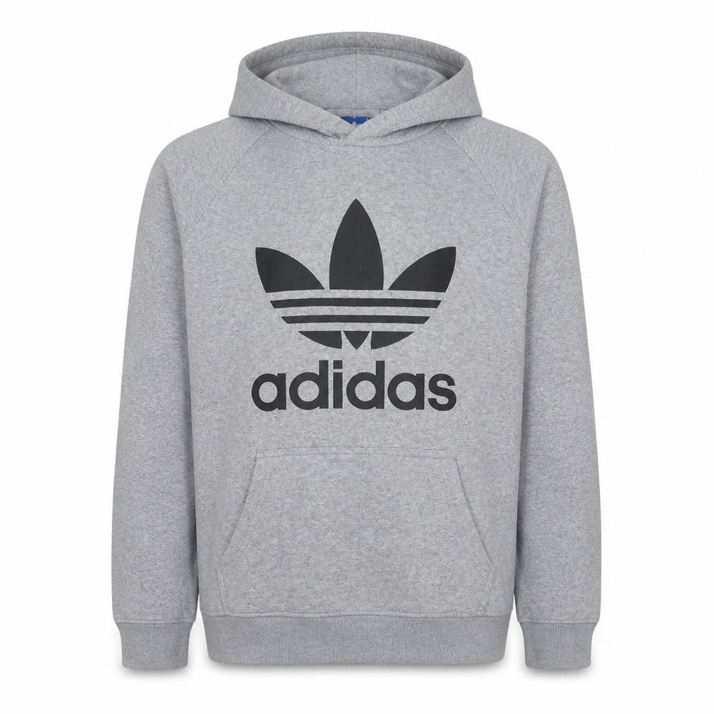 Front view of Adidas men’s grey hoodie m pullover fleece graphic logo sweatshirt