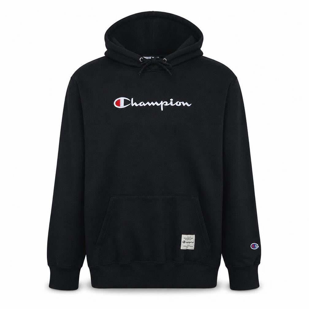 Front view of Champion Men's Black 2XL Pullover Hoodie Embroidered Logo