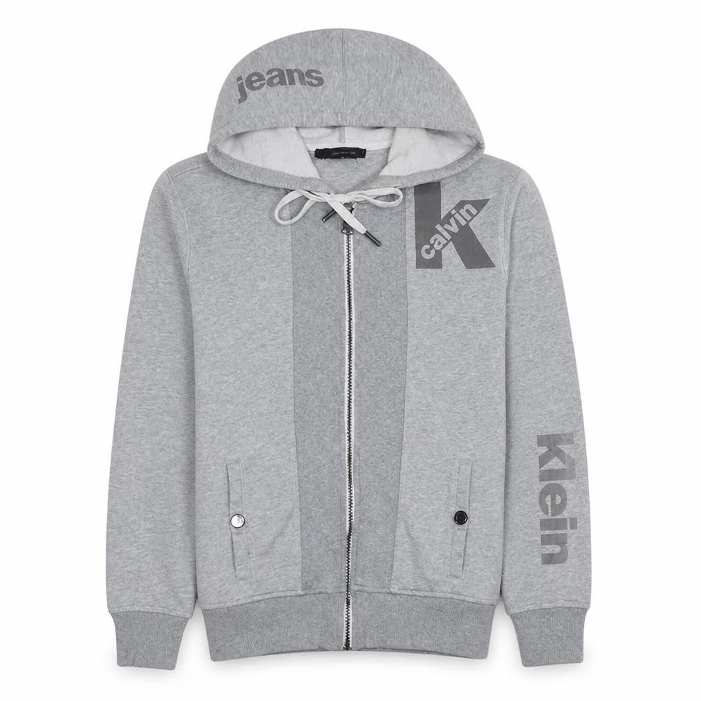 Front view of Calvin Klein Jeans Men's Grey Full Zip Hoodie, size S