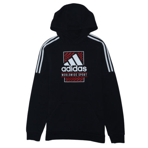 Adidas Boys Black Pullover Hoodie Worldwide Sport Logo Size 146