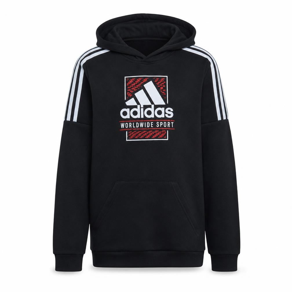 Adidas Boys Black Pullover Hoodie Worldwide Sport Logo Size 146